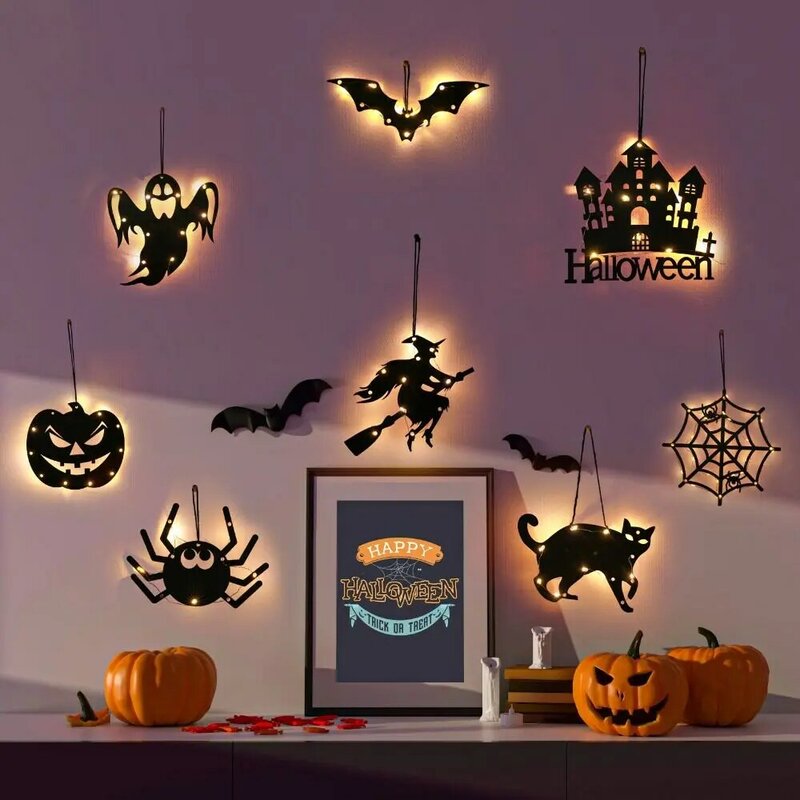 Cartello di benvenuto Halloween Hang Tag Light Spooky Witch Ghost Halloween Front Door Light Haunted House Pendant Halloween Decor