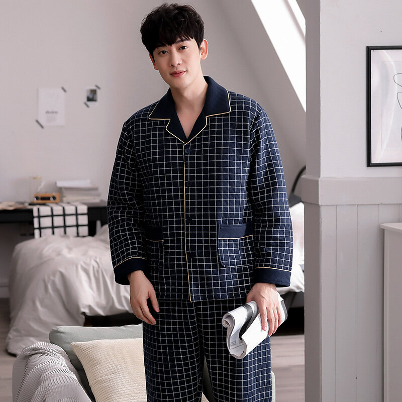 Pijama de algodón fino de tres capas para hombre, ropa de casa de manga larga a cuadros, cuello cárdigan, Invierno