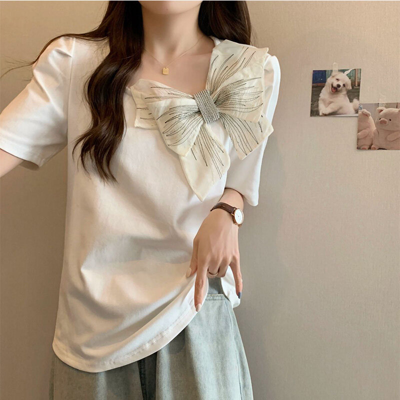 2024 New Summer Office Lady Aesthetic Elegant Fashion T-shirts for Women BOW Decorations Simplicity O Neck Short Sleeve Y2K Tops