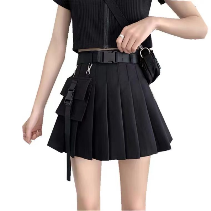 Mini-saia plissada de cintura alta feminina com bolso, preta, versátil, linha A, forro curto, workwear fino, Y2k, novo, verão