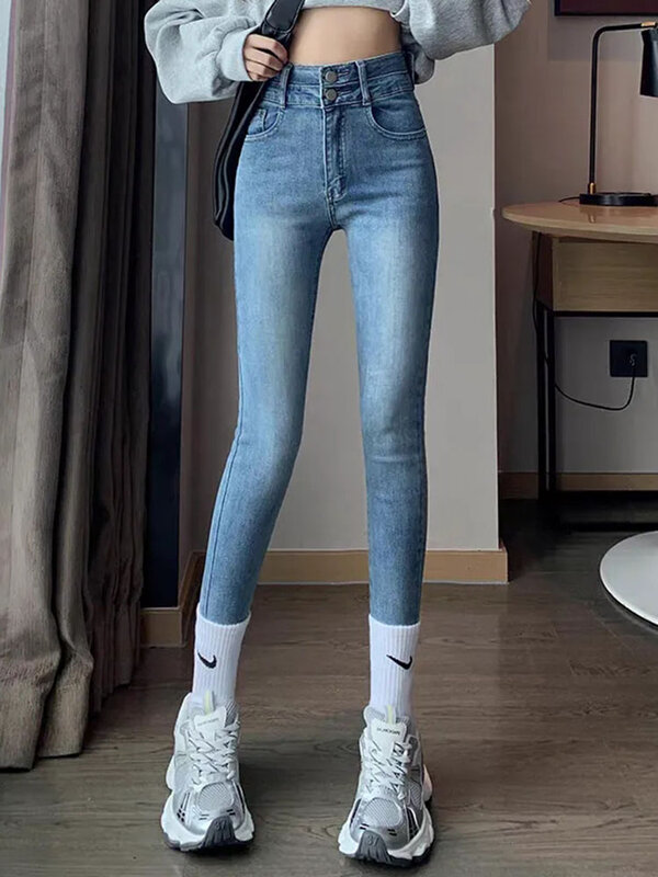 Винтажные облегающие джинсы-карандаш с высокой талией, женские повседневные уличные эластичные джинсовые брюки, корейские шикарные облегающие брюки до щиколотки