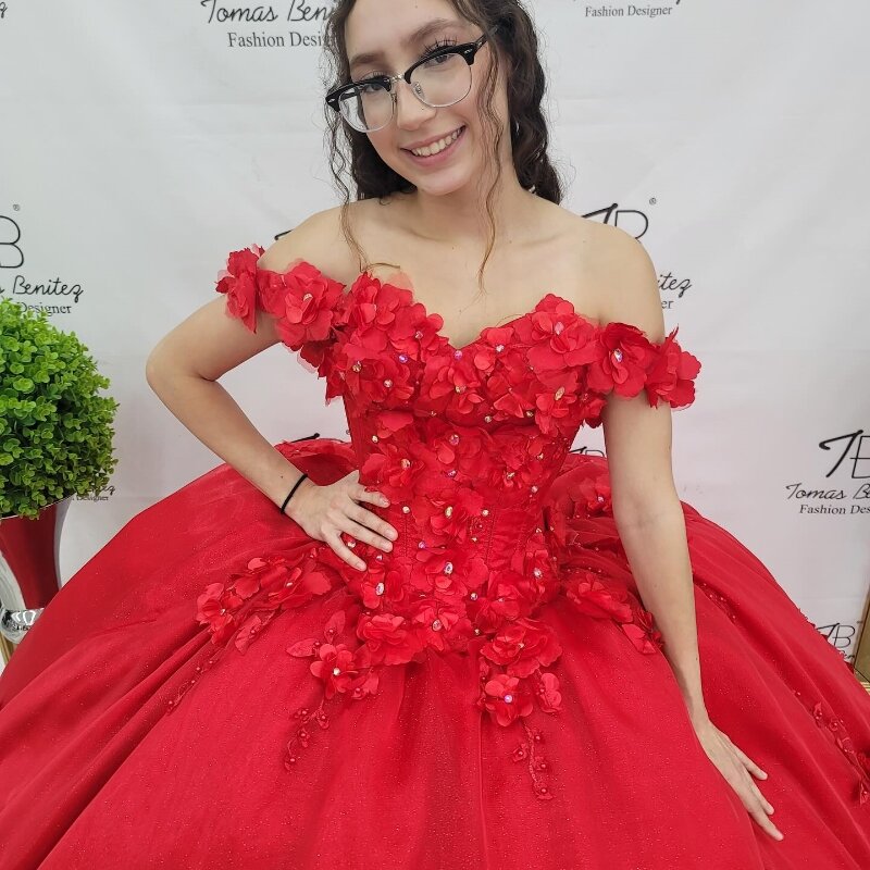 EVLAST Red Shiny Sweetheart Princess Quinceanera Dress 2024 Ball Gown Beads Crystal 3DFlower Sweet 16 Vestido De 15 Años TQD040
