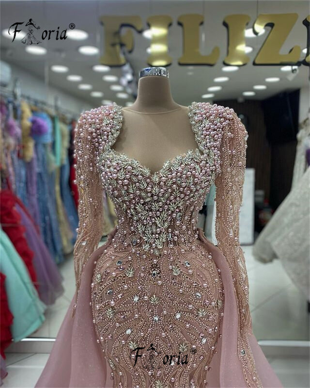 Полностью тяжелые жемчужные розовые Официальные Вечерние платья с кристаллами, свадебное вечернее платье с бусинами Дубая, Длинные вечерние элегантные платья со стразами