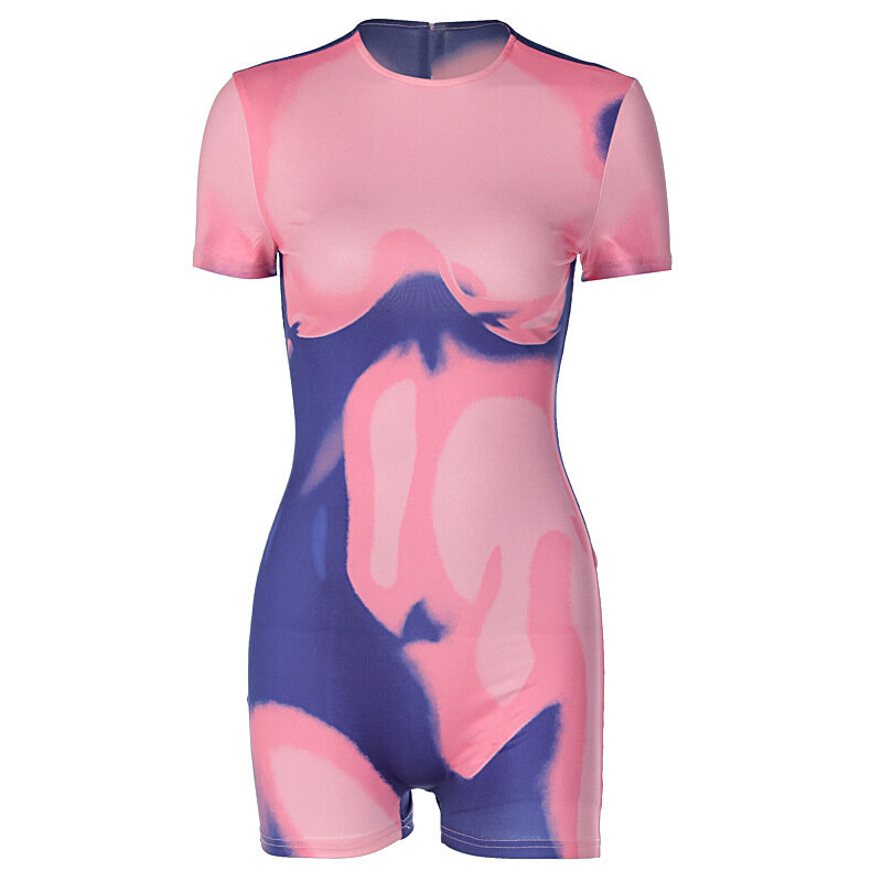 2023 Color Block Tie Dye O Neck Short Sleeve Zip Up Sexy Bodycon Playsuit Summer Fashion Streetwear Party Club Romper