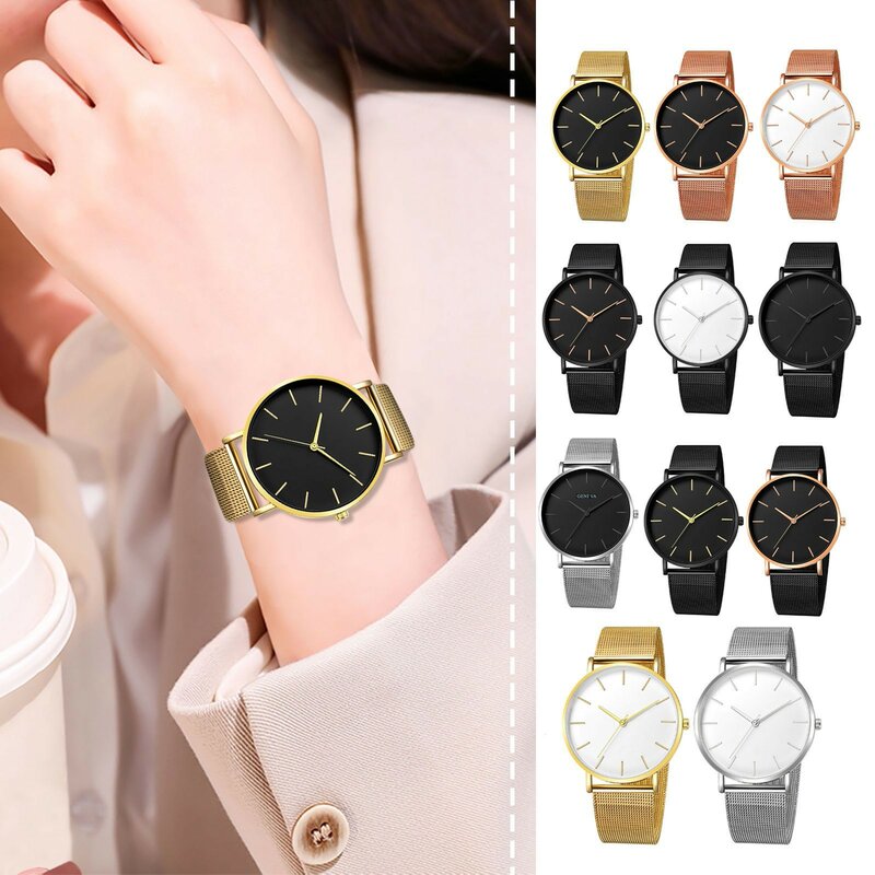 Jam tangan Quartz Pria Wanita, jam tangan bundar kasual, sabuk jala baja, jam tangan bisnis untuk pelajar