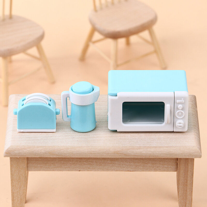 1 1:12ตุ๊กตาของเล่น Mini ไมโครเวฟเครื่องทำขนมปังกาต้มน้ำชุดเครื่องครัวของเล่น Miniature Home Kitchen อุปกรณ์เสริม