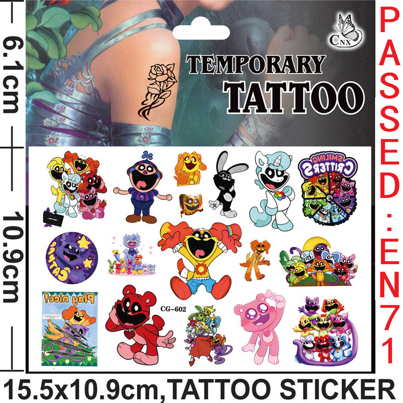 Pegatinas de tatuaje de Critters sonrientes, tatuajes temporales para niños, suministros de fiesta de cumpleaños, recuerdos, lindos tatuajes, pegatinas de decoración