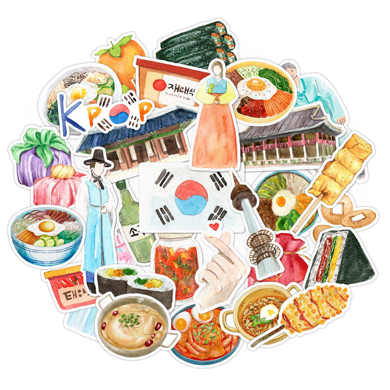 Set of 30 Watercolor Korean Travel Food Sticker Pack for Scrapbooking,  Journal, Planner, Laptop and Water Bottles, DIY Craft