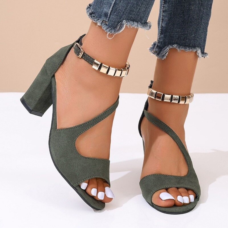 Women's Thick Heel Sandals Fashion Metal Decorative Ankle Strap Buckle Sexy Backless High Heels Outdoor Dress Women's Sandals