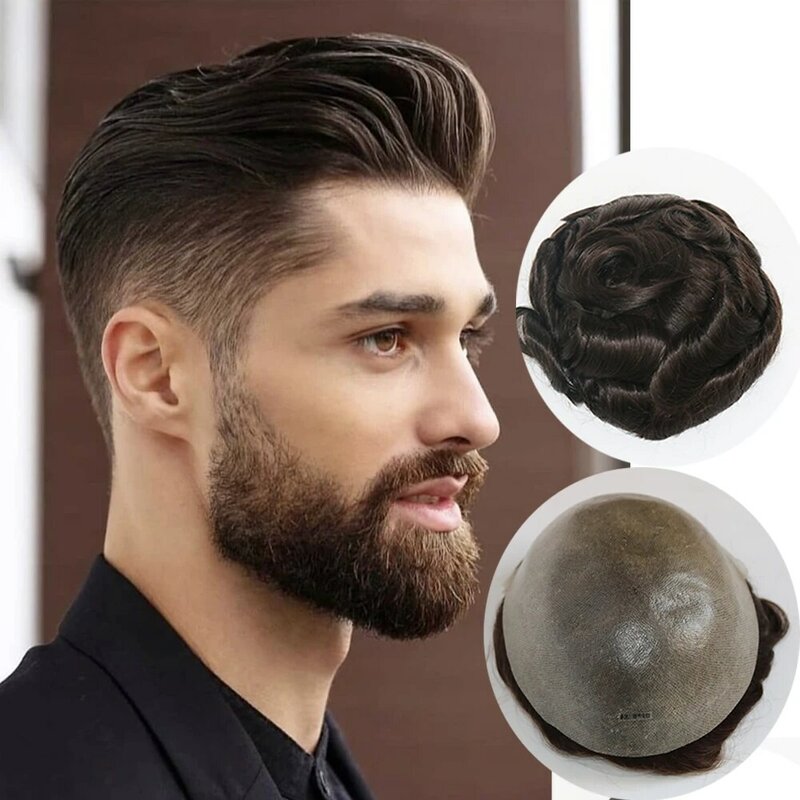 男性用フルスキンループ付き合成かつら,交換用かつら,検出できない同期のある髪,ダークブラウン