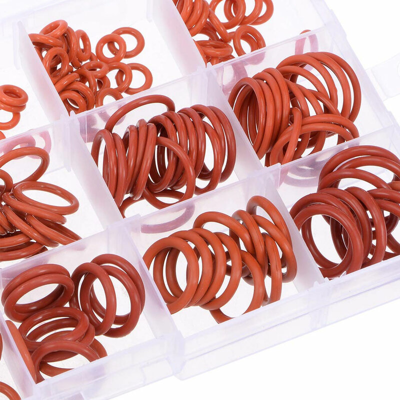 Vermelho Silicone Vedação O-Rings Variedade Kit, O-Rings, Borracha Washer, O-Ring Set, Desgaste, Acessórios Universais, VMQ Seal, 225Pcs