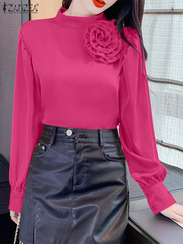 ZANZEA Casual Puff Long Sleeve Tunics Vintage Satin Blouse Office Lady 3D Flower Stitching Shirt Women Stand Collar Korean Tops