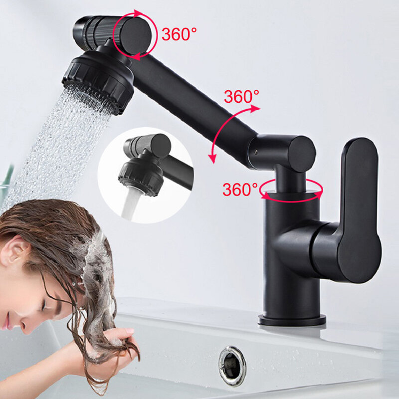 Grifo de fregadero de baño giratorio de 1080 °, mezclador montado en cubierta, agua fría y caliente, cabezal de ducha, fontanería, accesorios de baño