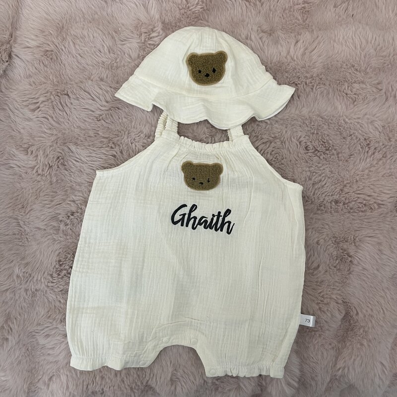Customized Cute Teddy Bear Jumpsuit With Any Name, Embroidered Pure Cotton Newborn Boy/girl Jumpsuit With Hat