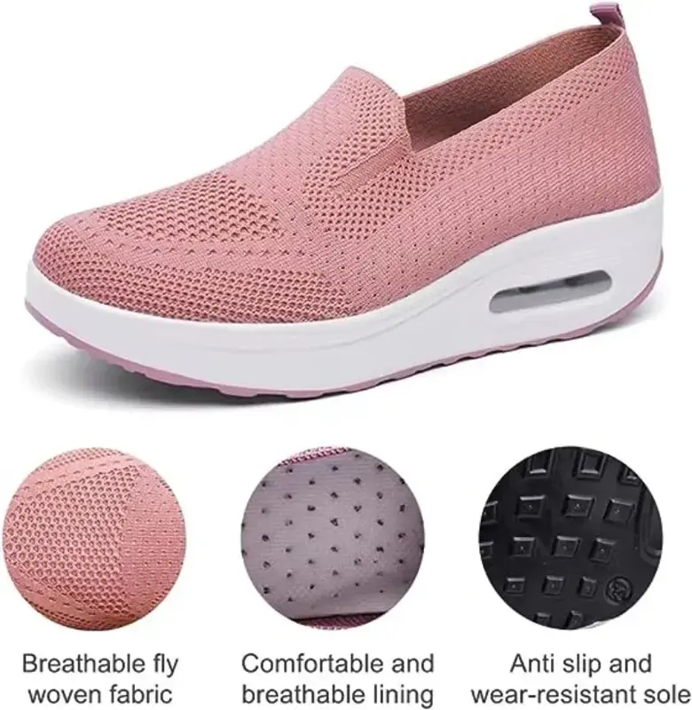 Zapatos planos de tenis para caminar para mujer, zapatillas deportivas ligeras sin cordones con amortiguación de aire, de malla elástica, informales y transpirables