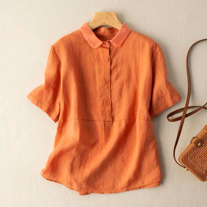 Рубашка женская хлопково-льняная на пуговицах, Повседневная Блузка с коротким рукавом, свободная однотонная модная Милая сорочка, лето 2024