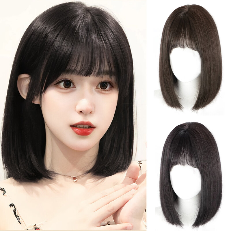 ALXNAN wig sintetis lurus pendek untuk wanita, wig Bob hitam alami dengan poni pesta Cosplay harian, rambut palsu tahan panas
