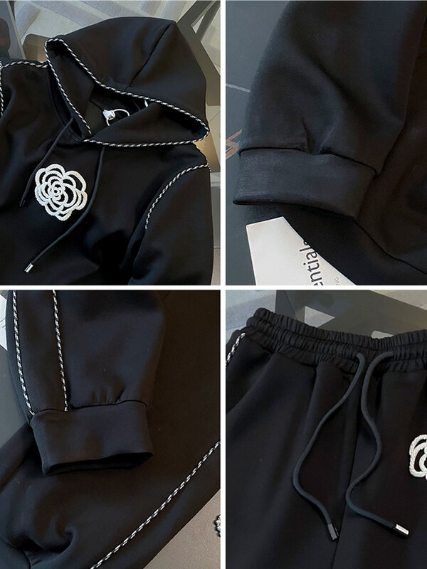 Modne luźne dwuczęściowe komplety damskie 2023 jesienne kaptur w kolorze czarnym kwiatowe bluzy z kapturem + spodnie garniturowe na co dzień damskie dresy