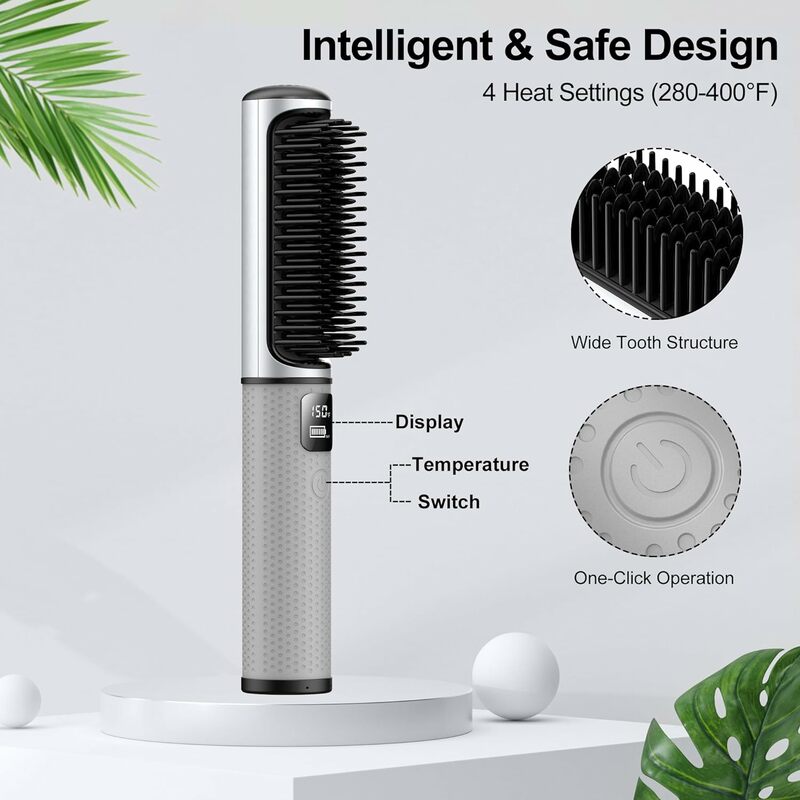 JMFONE Cordless Hair Straightener Brush, [2024 Upgraded] USB Rechargeable,Portable Mini Straighening Hair Hot Brush,Quick Heat &