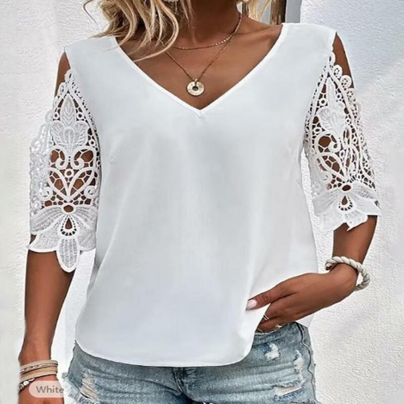 V-Neck Cold Shoulder Shirt Top Blouse Women Hollow Lace Stitching Half Sleeve Thin Casual Loose Solid Color Tops Daily Clothing