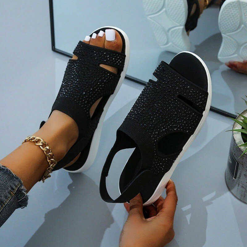 Zapatos de malla para mujer, sandalias ligeras y transpirables con diamantes, Color sólido, para playa, verano, 2024