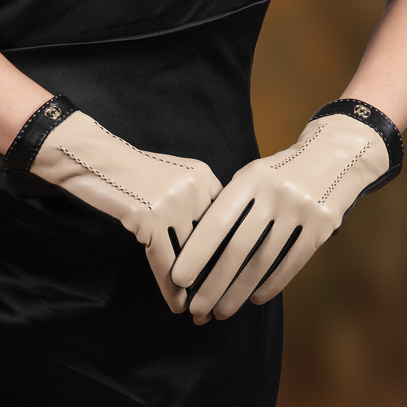 Damskie skórzane rękawiczki modne dwukolorowe jesienno-zimowe termiczne aksamitne z prawdziwej owczej skóry rękawiczki do jazdy kobiet L169NC2