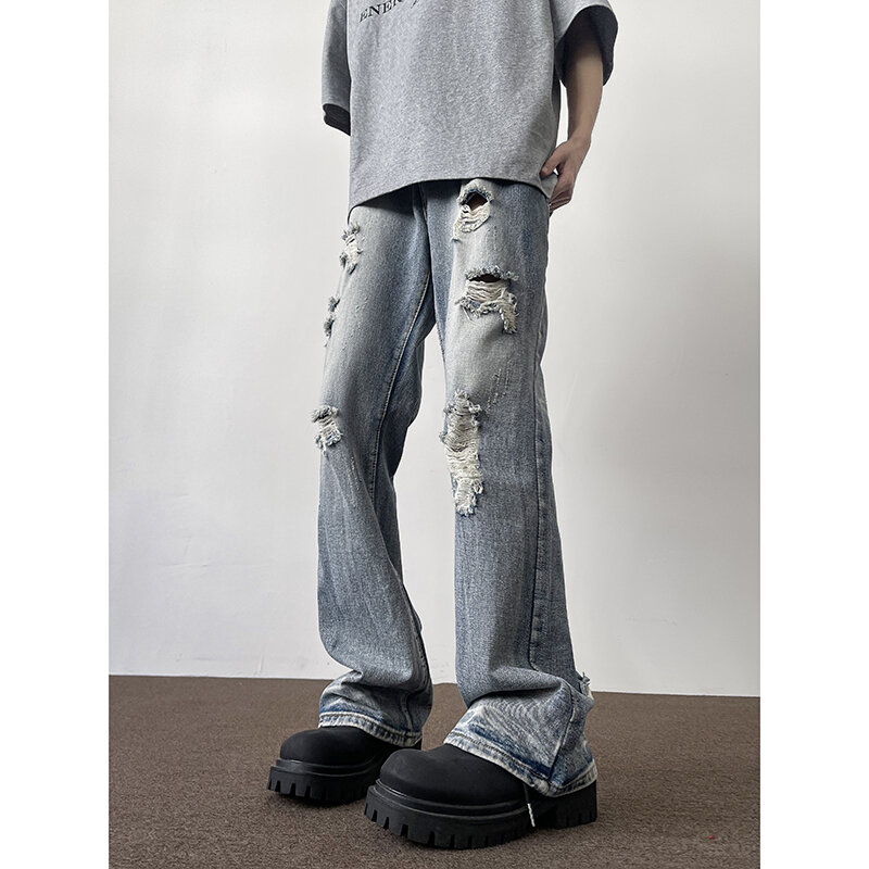 Ripped jeans Men's pants summer new straight-leg pants trendRipped jeans Men's pants summer new straight-leg pants trend