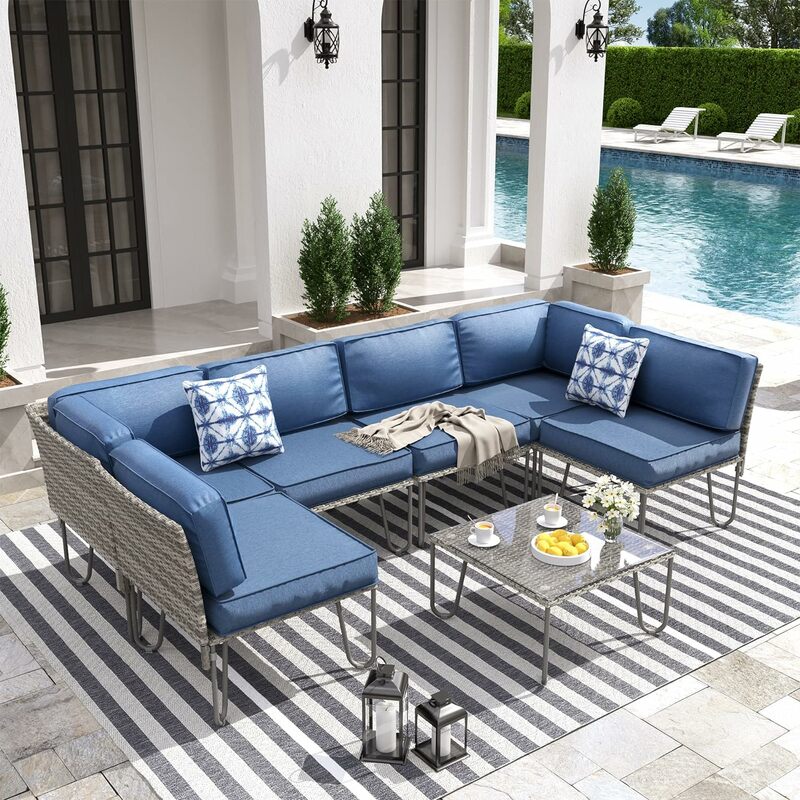 7-częściowy zestaw mebli ogrodowych na patio, zestaw do rozmów na patio na sekcyjną kanapę z zmywalnymi poduszkami Olefin, niebieski