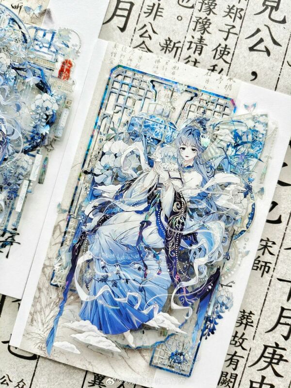 Collage de decoración de cinta Washi de mascota brillante de niña de hadas de estilo antiguo azul y verde