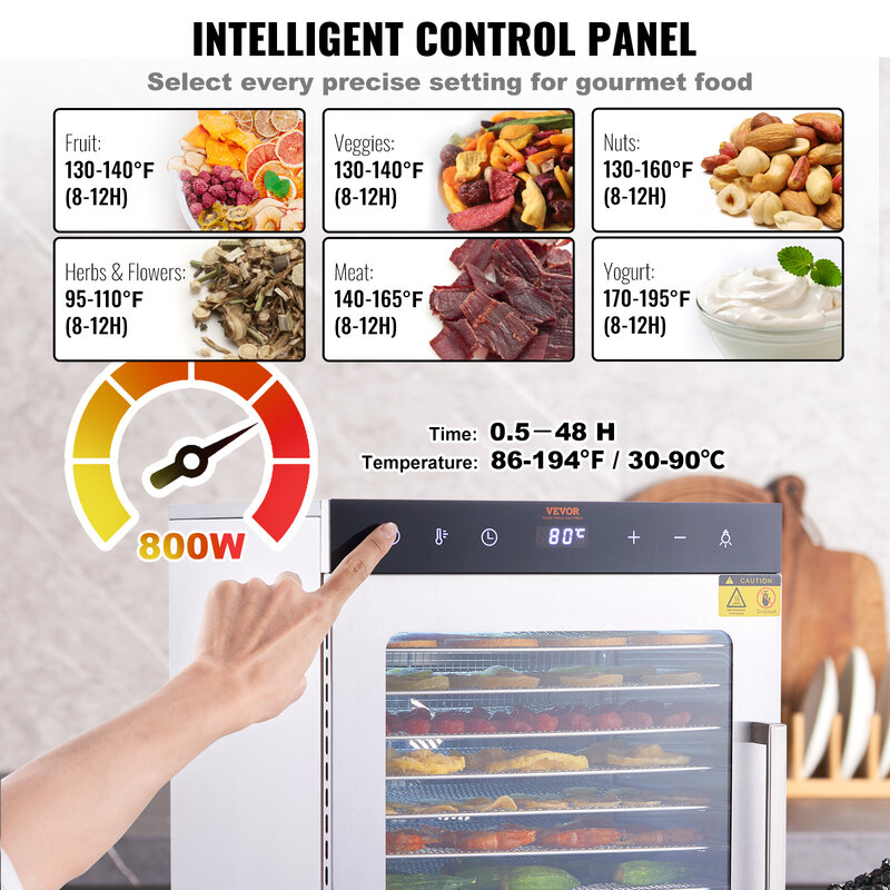VEVOR 10 Trays Food Dehydrator Stainless Steel Machine 800W/1000W Household Vegetables Fruit Dryer with Digital Timer for Home