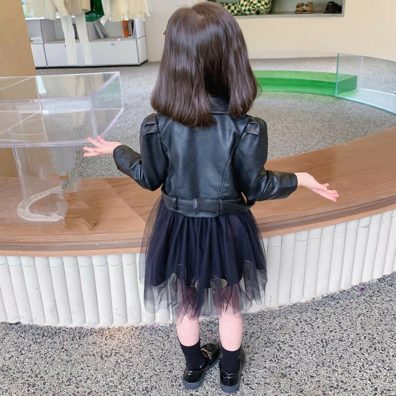جديد فتاة بولي Leather سترة جلدية فستان شبكي 2 قطعة مجموعات الأسود جلدية معاطف الدعاوى الأطفال ملابس الاطفال الجلود مجموعات 2-8Y Wz848