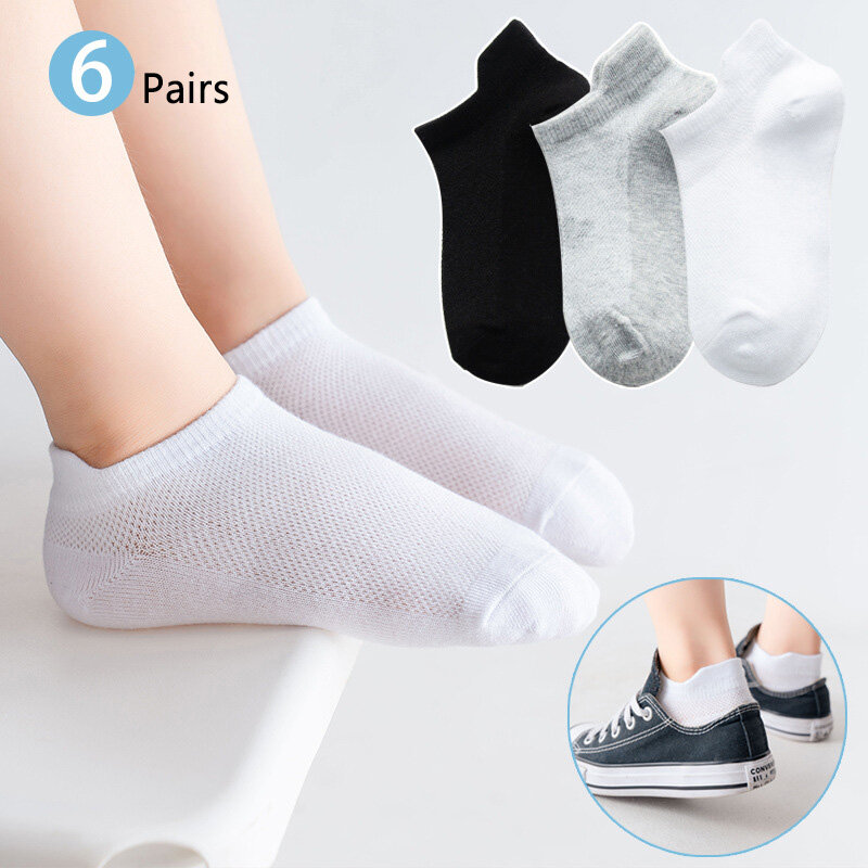 6 pares 1-12t crianças meias de algodão primavera verão meninos meninas malha fina respirável sólido tornozelo meias preto branco cinza crianças meias