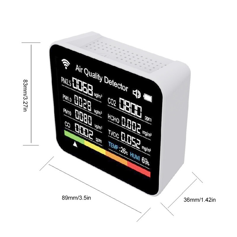 실내 공기질 모니터, 와이파이 앱 제어, CO2 CO TVOC HCHO PM2.5 PM1.0 PM10 온도용, 14 in 1 공기질 테스터, 2.8 인치 디스플레이