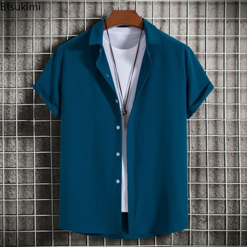New Short Sleeve Shirts for Men Fashion Solid Casual Lapel Cardigan Tops Men Comfort Single-breasted Blouse Summer Beach Shirts