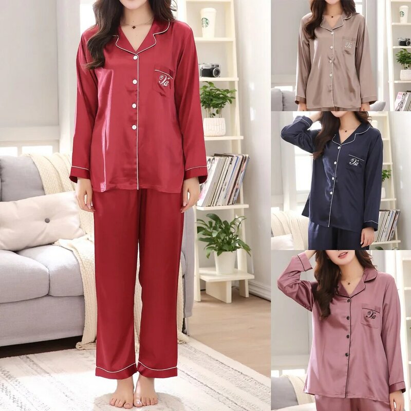 Conjunto de pijama de dos piezas para mujer, ropa de dormir informal de manga larga con cuello vuelto, para primavera y verano