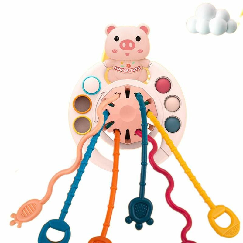 Mainan sensor tali Montessori, tali tarik beruang silikon 3 dalam 1 mengembangkan Mainan Gigit, mainan belajar pegangan jari