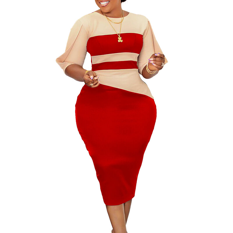 Elegante vestido africano de meia manga feminino, poliéster com decote O, preto, azul, vermelho, até o joelho, roupas de verão