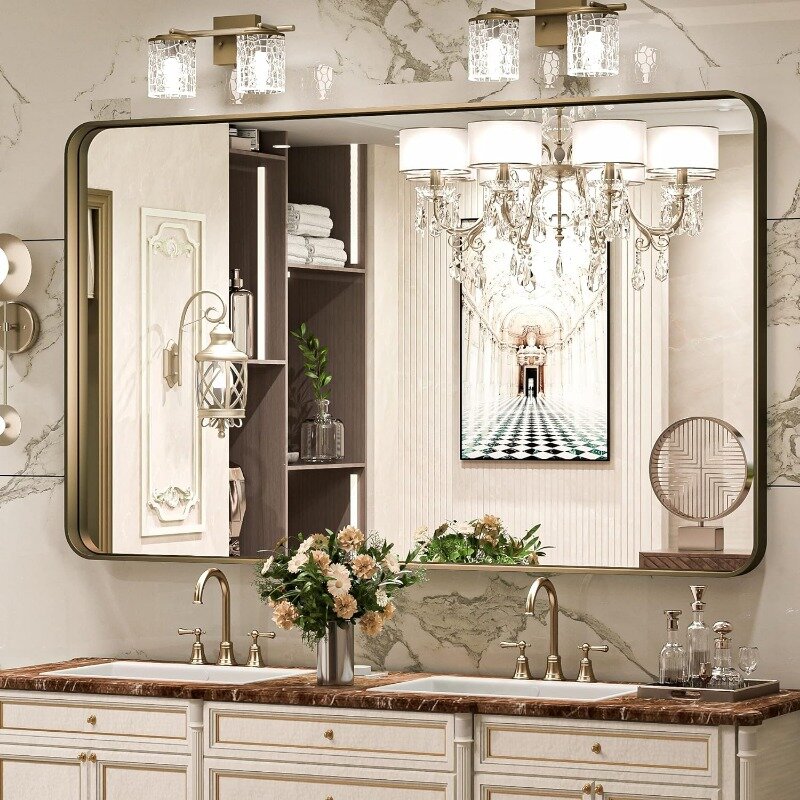 60 x 30-calowe lustro ścienne Brązowe lustro łazienkowe z metalową ramą Miękki zaokrąglony narożnik ze stopu aluminium do nowoczesnego domu wiejskiego