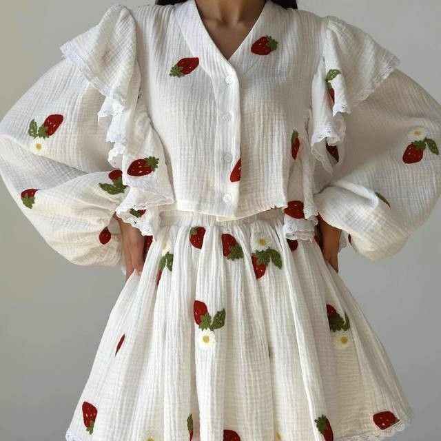 Modna bawełniana spódnica koszula z falbaną z lnu dwuczęściowy zestaw dla kobiet lato w domu z motywem serca bluzka z długim rękawem spódnica