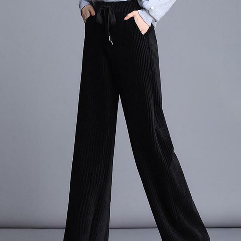 Frauen Hosen Kordel zug elastisch hohe Taille breites Bein locker gerade einfarbig dicke Plüsch warme Taschen weiche Dame lange Hosen s