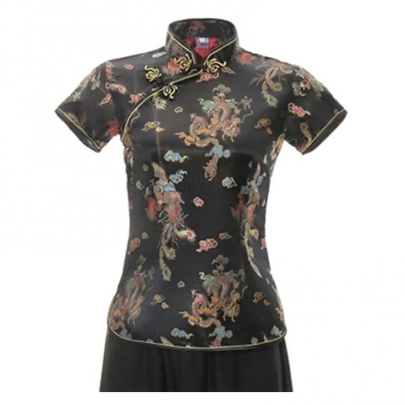 Damska bluzka koszula chińskie tradycyjne Cheongsam Qipao smok/feniks Cheongsam haft z krótkim rękawem damska koszula Oversize