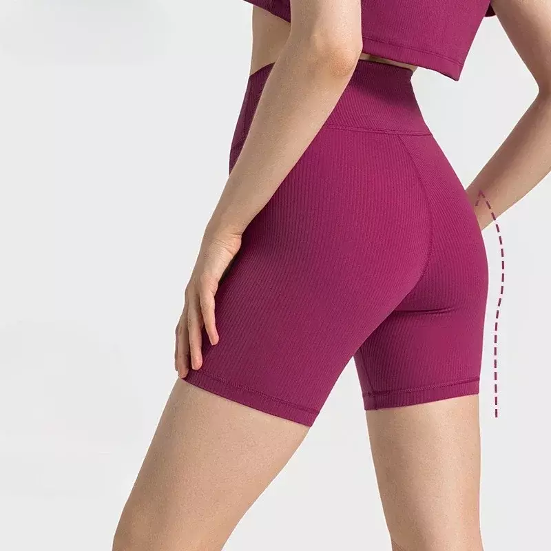 Lemon celana pendek kebugaran Yoga wanita, celana pendek ketat olahraga lari Gym pinggang tinggi kain bergaris