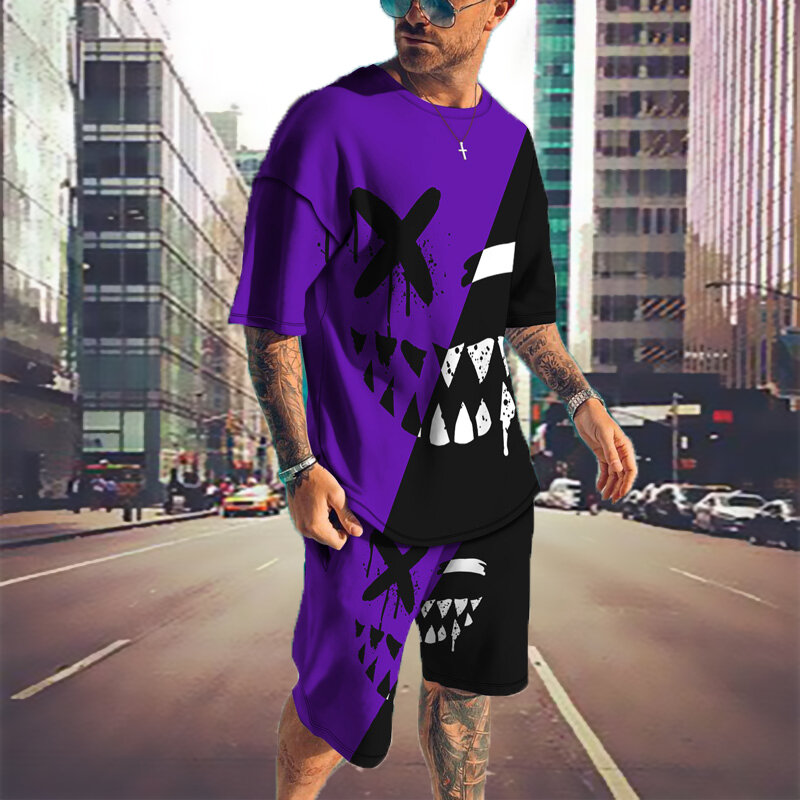 Pakaian Pria Motif 3D Smiley Baru Musim Panas Pakaian Olahraga 2 Potong Setelan Kaus Kasual Streetwear Lengan Pendek Baju Olahraga