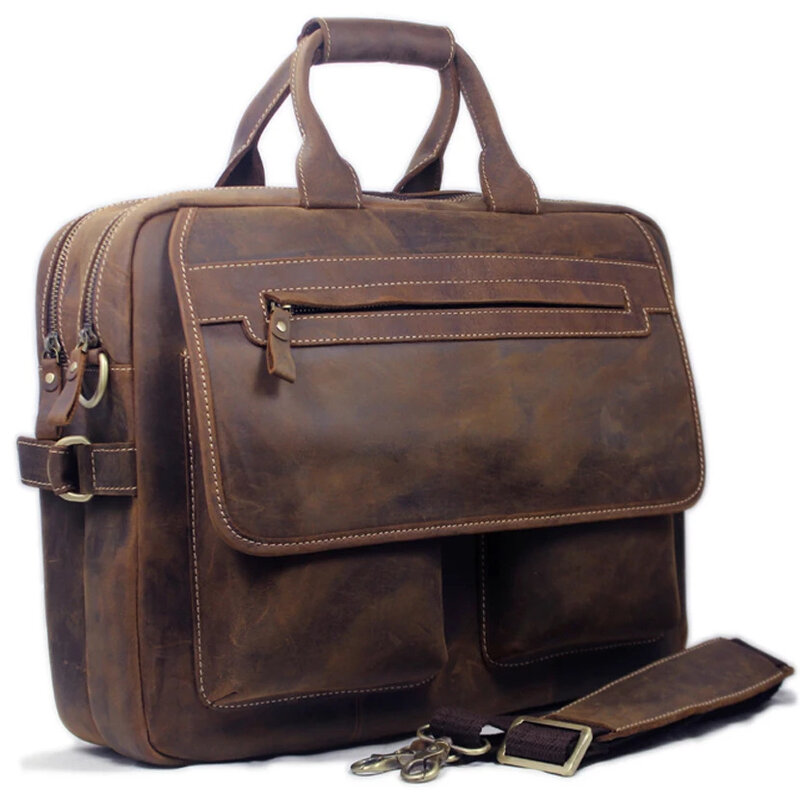 Maleta de couro vintage para homens, bolsa de negócios genuína, cavalo louco, carteira masculina, 15 "laptop, escritório