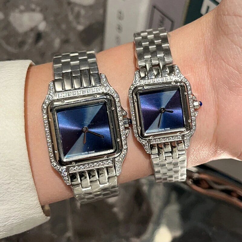 Женские кварцевые часы с инкрустированным бриллиантом стальным корпусом и металлическим ремешком