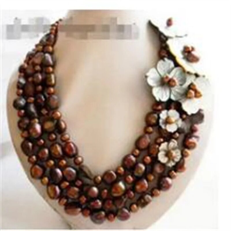 4Strands 19'' 12mm Coffee Baroque Shell Flower Freshwater Pearl Necklace
