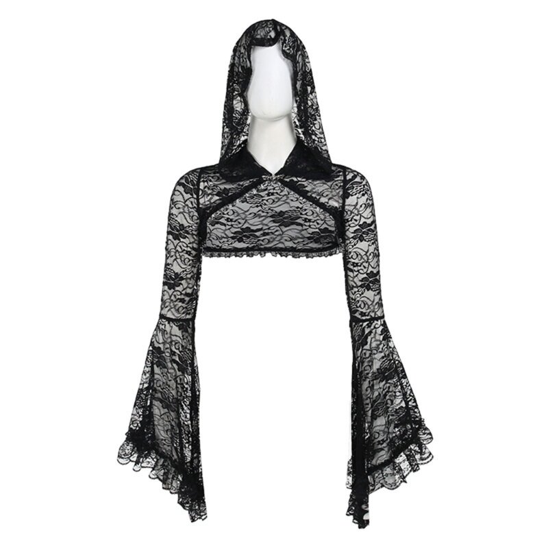 Feminino gótico punk ver através renda floral hoodie encolher vintage estética queimado manga longa cobrir colheita topo