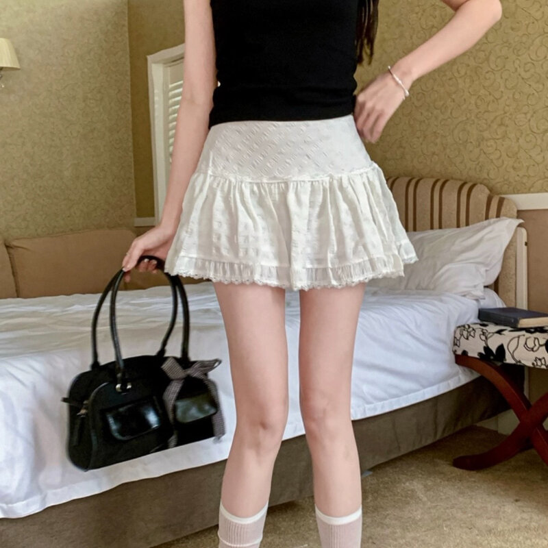 Rok Mini renda lipit Deeptown rok pendek Tulle berlapis gaya Korea manis Fairycore putih tekstur kasual lucu rok A-line