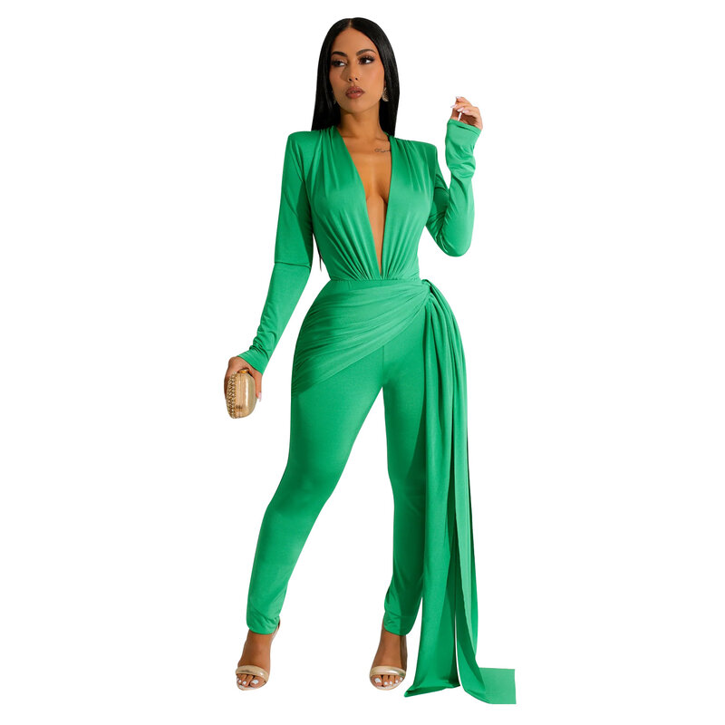 Autumn Fashion Deep V Neck Long Sleeves Patchwork Party Jumpsuit Women's Sexy Casual Skinny Jumpsuits Elegant Overalls