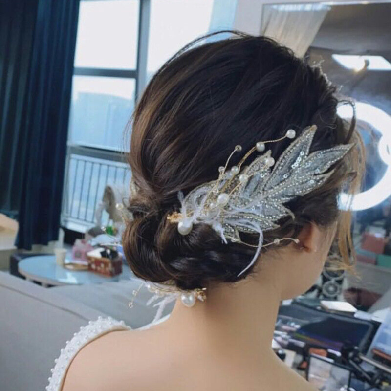 Sztuczne pióro Hairband diadem dla kobiet koralik z kryształkami z pałąkiem na głowę obręcz do włosów eleganckie ślubne akcesoria do włosów Prom biżuteria dziewczęca